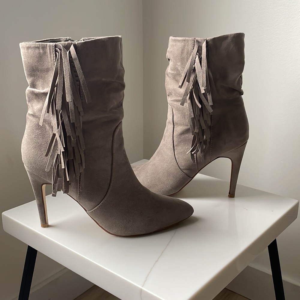 Taupe Fringe Pointed Toe Booties Suede Fall Bootie